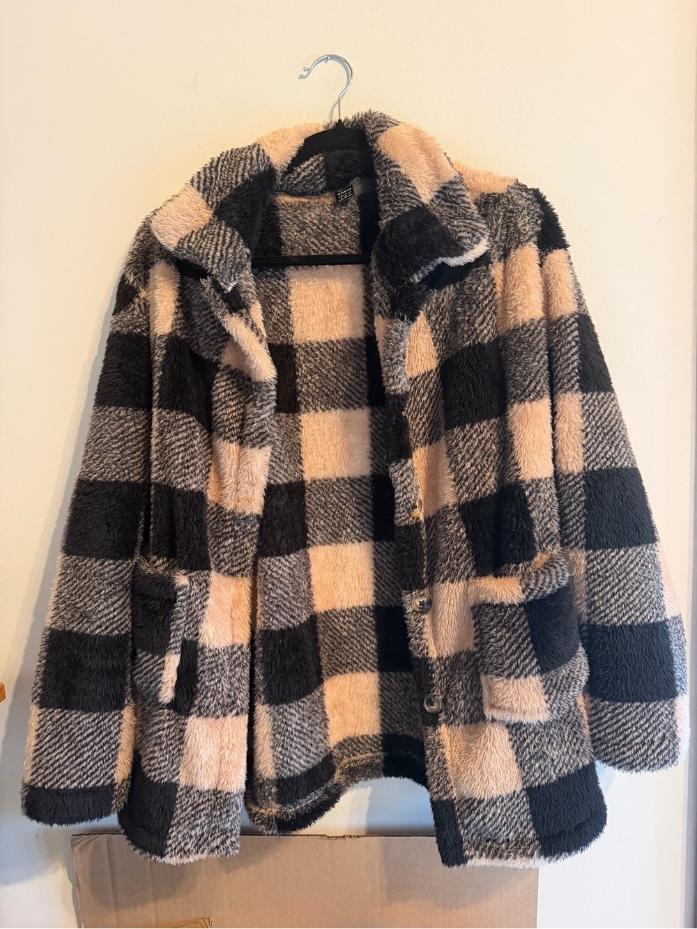 Women's Plush Plaid Coat - Black & Cream